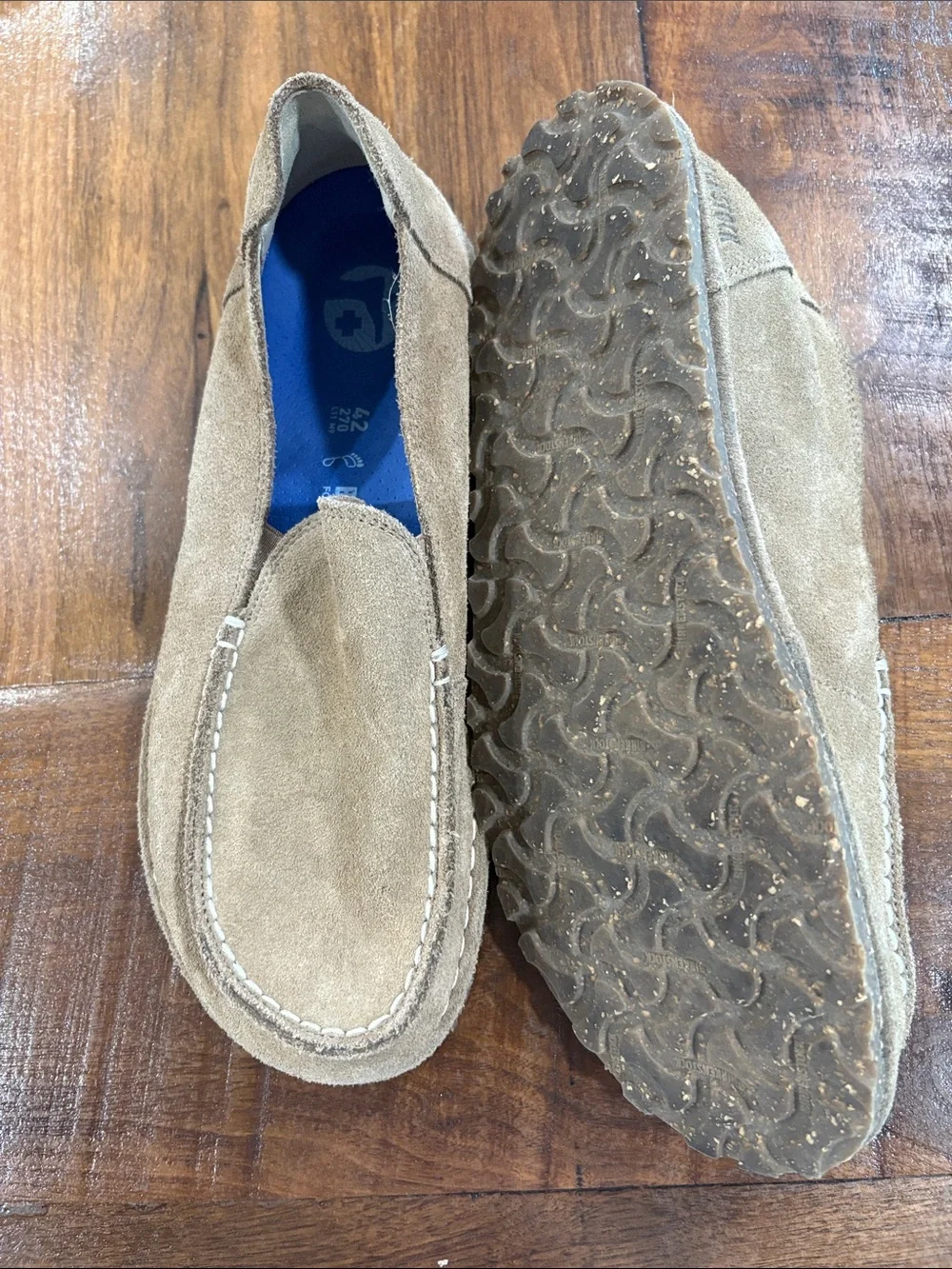 Birkenstock Men's Suede Slip-On Loafers in Tan with Blue Insole
